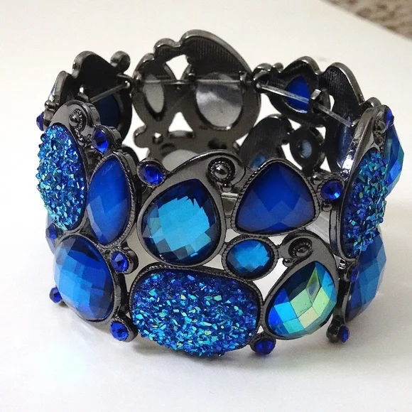 Iridescent Blue Jewel Druzy Big Stretch Bangle Statement Bracelet - Picture 4 of 5